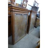 A pair of early 20th Century pitch pine notice board cabinets, 121cms h, 89cms w, 14cms d (