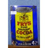 A Fry's Cocoa enamelled advertising sign, 27 x 18cms