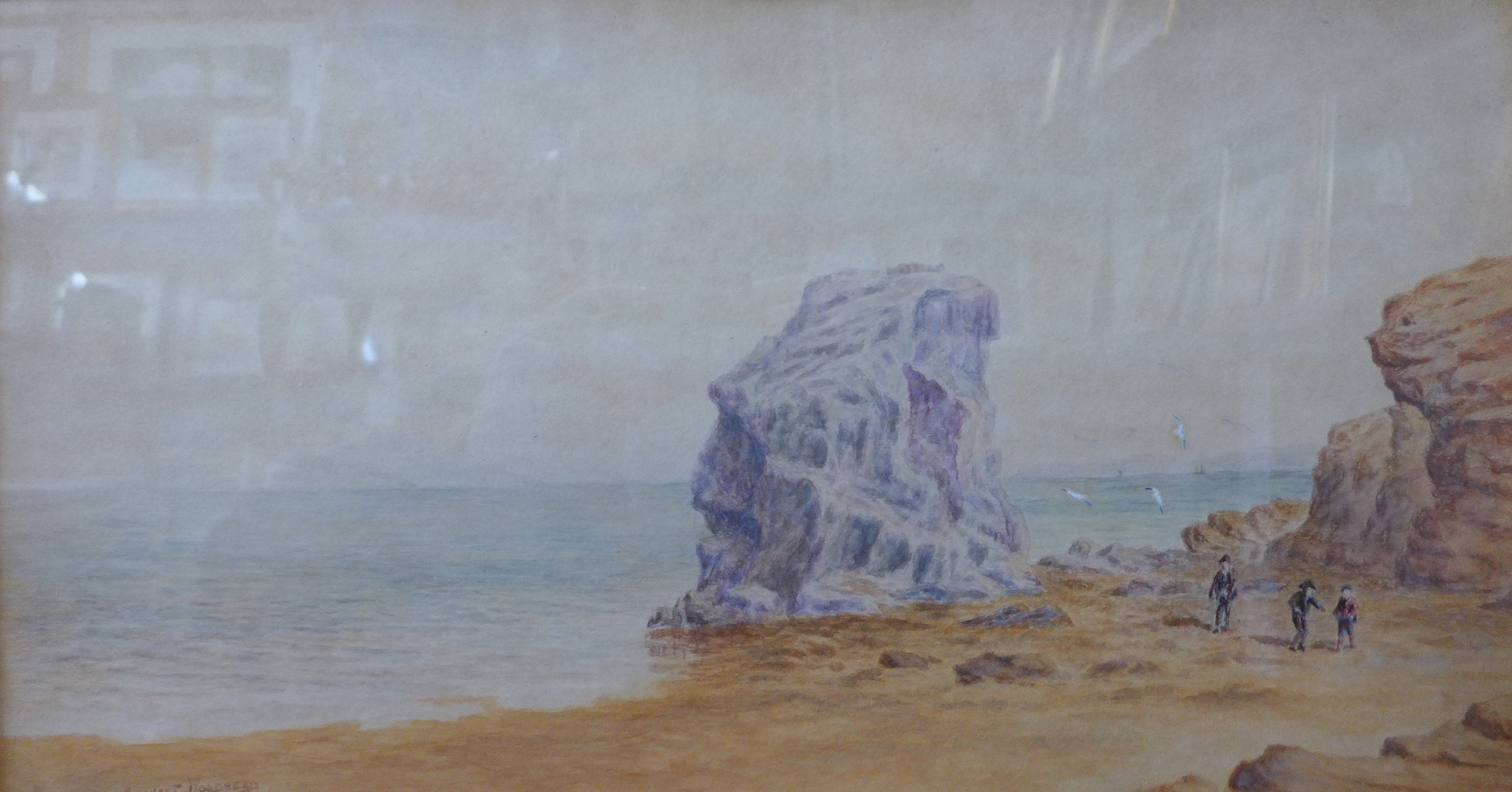 Ernest Woodhead, pair of coastal landscapes with figures on a beach, watercolour, dated 1929, 27 x