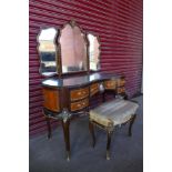 A French Louis XV style mahogany kidney shaped dressing table, 153cms h x 126cms w and a stool