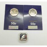 A 2002 Australia ½oz. fine silver 50 cents kookaburra coin and two sealed 50p coins, 2018