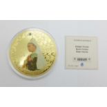 A Queen Victoria 1819-1901 gold plated commemorative coin set with Swarovski crystal, weight 110g,