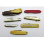 Three mother of pearl silver bladed fruit knives, (all a/f) and four penknives (three a/f)