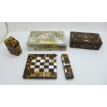 Mother of pearl and tortoiseshell boxes and a card case, all a/f