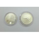 An American 2010 1oz. fine silver Buffalo coin and an Australian 2004 1oz. fine silver kangaroo 1