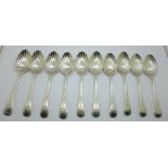 Ten George III silver dessert spoons, five London 1790, maker T.N, one London 1791, maker RC and