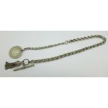 A white metal chain with T-bar, tassel fob and Belgian coin fob , 1861 Leopold I, 42g