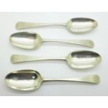 A set of four George III silver spoons, London, possibly 1771 and James Jones, 269g