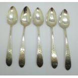 A set of five George III Irish silver spoons, Dublin 1801, William Hamy, 130g