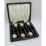 A cased set of six silver coffee bean spoons, 45g, (case fastener a/f)