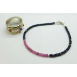 A ruby and sapphire bracelet and a 'swizzle' ring set with stones, U