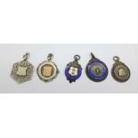 Five silver fob medals including Tottenham & District Football League, (fob with gold plaque rim a/