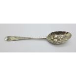 A George III silver berry spoon by Hester Bateman, London 1781, 27g, 16.5cm, a/f