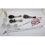 Two Edwardian glass knife rests, two tortoiseshell mandolins and a guitar, a/f, a carved figure