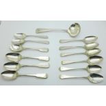 Twelve 19th Century silver spoons and a plated ladle, (silver 213g)