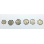 Five Victorian silver shillings, 1851, 2x 1883, 2x 1896, and an 1894 sixpence