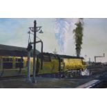 Roger Wakeling, Bulleid Pacific Loco (34102) Leaving Basingstoke Station, watercolour, 36 x 54cms,