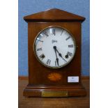 An early 20th Century inlaid mahogany mantel clock, 30cms h