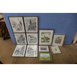A set of six Godfrey Fletcher London scene prints, a signed horse racing print, Double Handful,