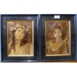 A pair of early 20th Century crystoleums, portraits of ladies, framed