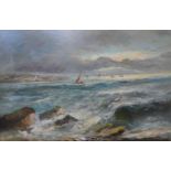 P. Rossi, shipping off the coast, oil on canvas, 59 x 90cms, Wye Art Gallery stamp verso, framed