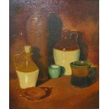 Dmitry Czak (1864-1932), still life of stoneware flagons, oil on board, 35 x 30cms, framed