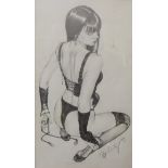 Ray Leaning, erotic study of a semi nude female, pencil sketch, 33 x 20cms, framed