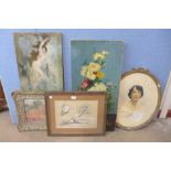 Three assorted oil paintings, etc