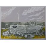 A signed Pamela Guille artists proof woodblock print, Lone Boat, 30 x 42cms, unframed