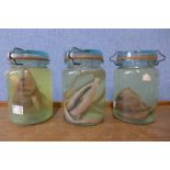 Three jars containing fish