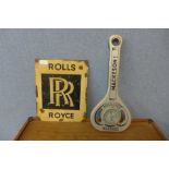 A painted metal Rolls Royce advertising sign and a Mackeson bottle opener shaped advertising