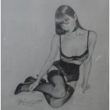 Ray Leaning, erotic study of a semi nude female, pencil sketch, 29 x 29cms, framed