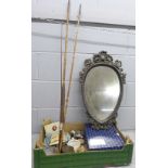 A Salisbury silver plated three light candelabra, a fishing rod and reel, postcards, napkin rings,