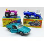 Two Matchbox Superfast vehicles, No. 48 and No. 25, boxed, and a Dinky TR7 turquoise car, (rare