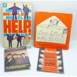 A Beatles paperback book, Help!, also Love Letters to the Beatles and two folding photo booklets