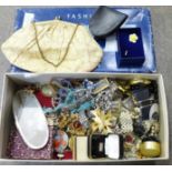 A box of vintage costume jewellery, pill boxes, etc.