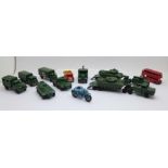 A collection of Lesney die-cast model vehicles including military, thirteen in total