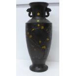 A Japanese Meiji period bronze vase decorated with birds in a prunus bush, with gold accents, 39cm