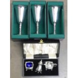 Three FB Rogers Italy silver plated goblets, boxed and a silver plated cruet set, cased