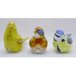Three Royal Crown Derby bird paperweights, Blue Tit, Canary and Linnet, all with gold stoppers