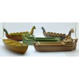 Wade boats; a barge, two Viking longships and a rowing boat