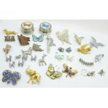 A collection of insect and animal brooches, pendants, earrings, mother of pearl earrings, 1950's/