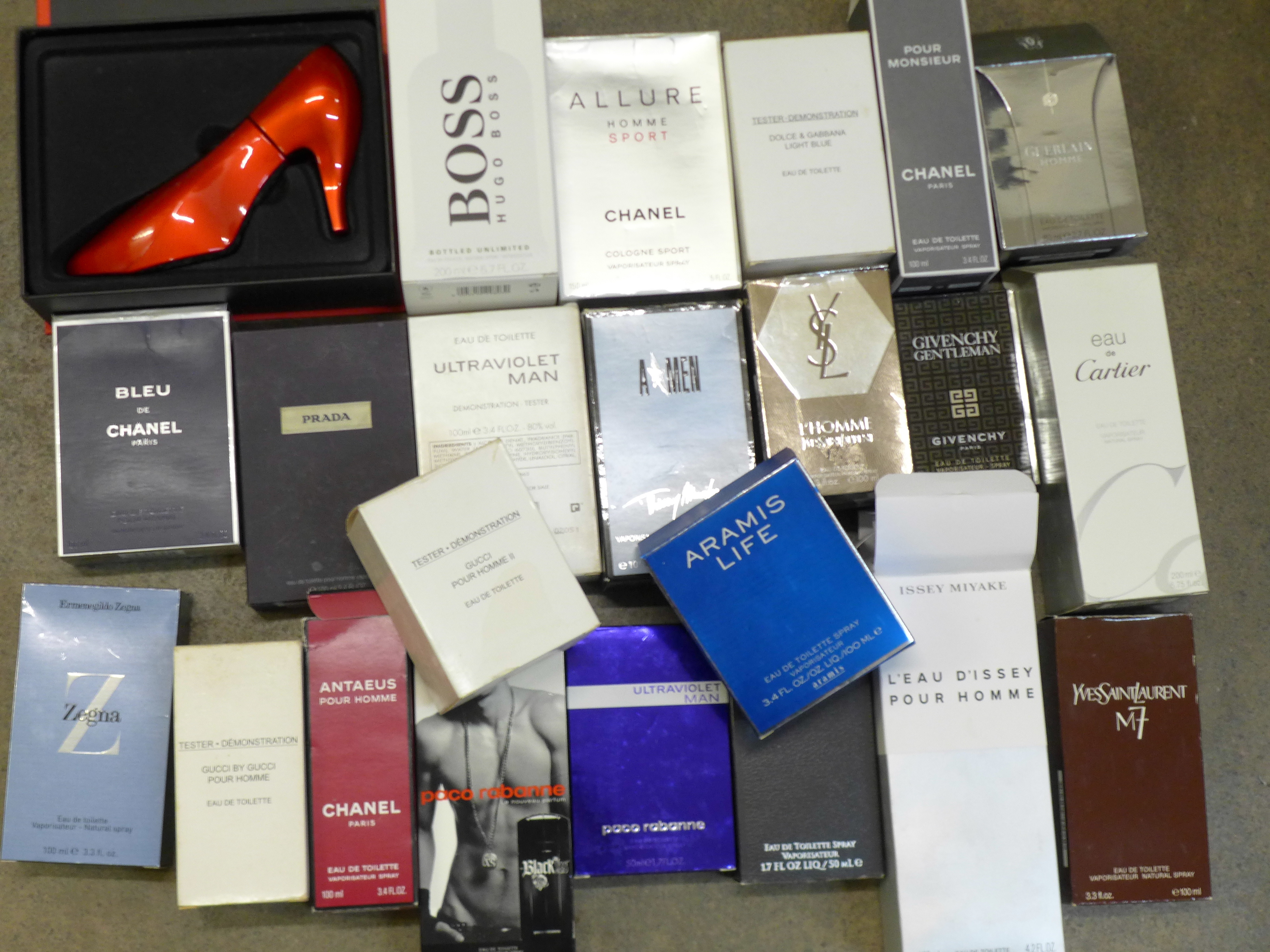 A large collection of men's fragrances, Boss, Issey Miyake, Chanel, etc.