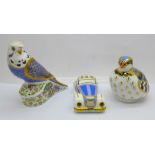 Three Royal Crown Derby paperweights, Budgerigar, Red Legged Partridge and Treasures of Childhood