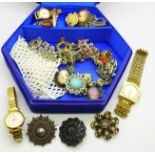 Costume jewellery and wristwatches including a Victorian circular white metal brooch