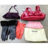 Two pairs of leather gloves, handbags including Radley, etc.