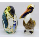 Two Royal Crown Derby paperweights, Pelican and Emperor Penguin, gold stoppers