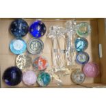 Fourteen glass paperweights, a pair of Villeroy & Boch candlesticks and six paperweight boxes **