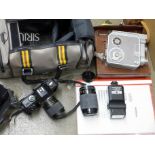 An Admira 8 cine camera, a Yashica 107 35mm camera, 35-70mm zoom lens, flash gun, spare 70-210mm