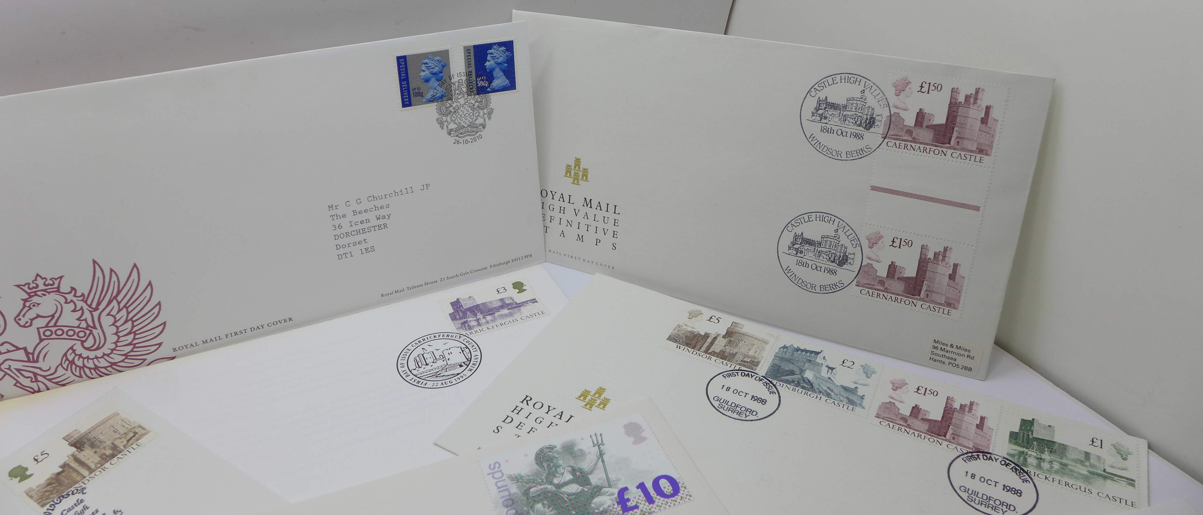 Stamp First Day Covers:-Castles, £1 to £5, Windsor and Guildford postmarks, Castle £3 with County - Image 4 of 5